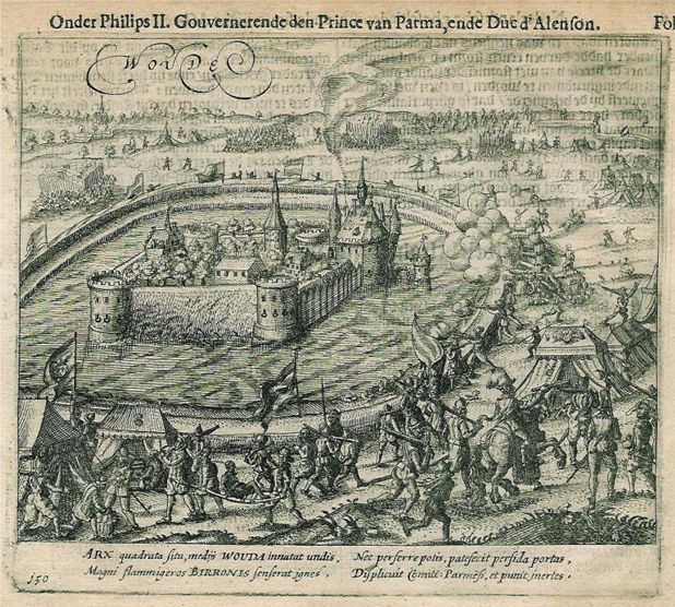 Kasteel van Wouw in 1583 in beleg gravure uit 1610